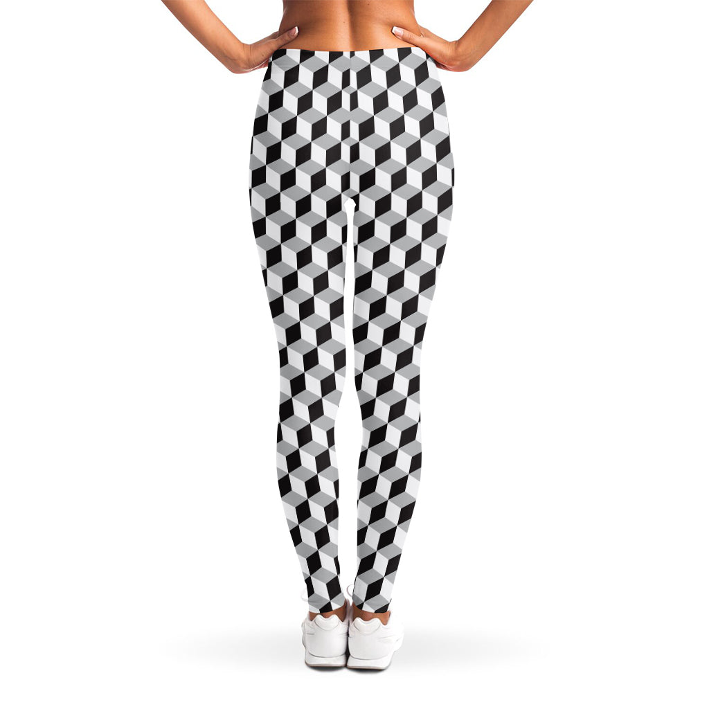 Grey Geometric Cube Shape Pattern Print Women's Leggings