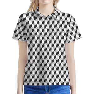 Grey Geometric Cube Shape Pattern Print Women's Polo Shirt