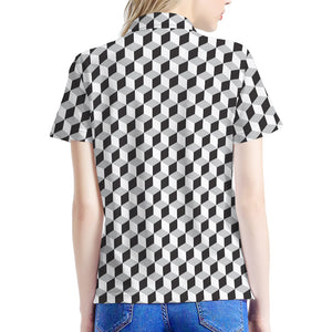 Grey Geometric Cube Shape Pattern Print Women's Polo Shirt