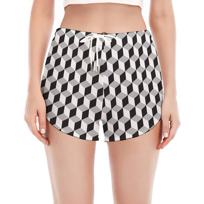 Grey Geometric Cube Shape Pattern Print Women's Split Running Shorts