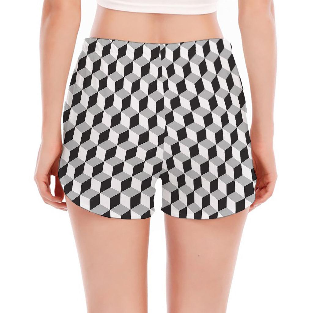 Grey Geometric Cube Shape Pattern Print Women's Split Running Shorts