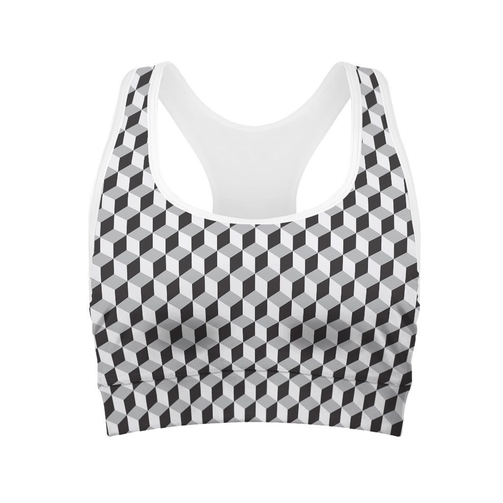 Grey Geometric Cube Shape Pattern Print Women's Sports Bra