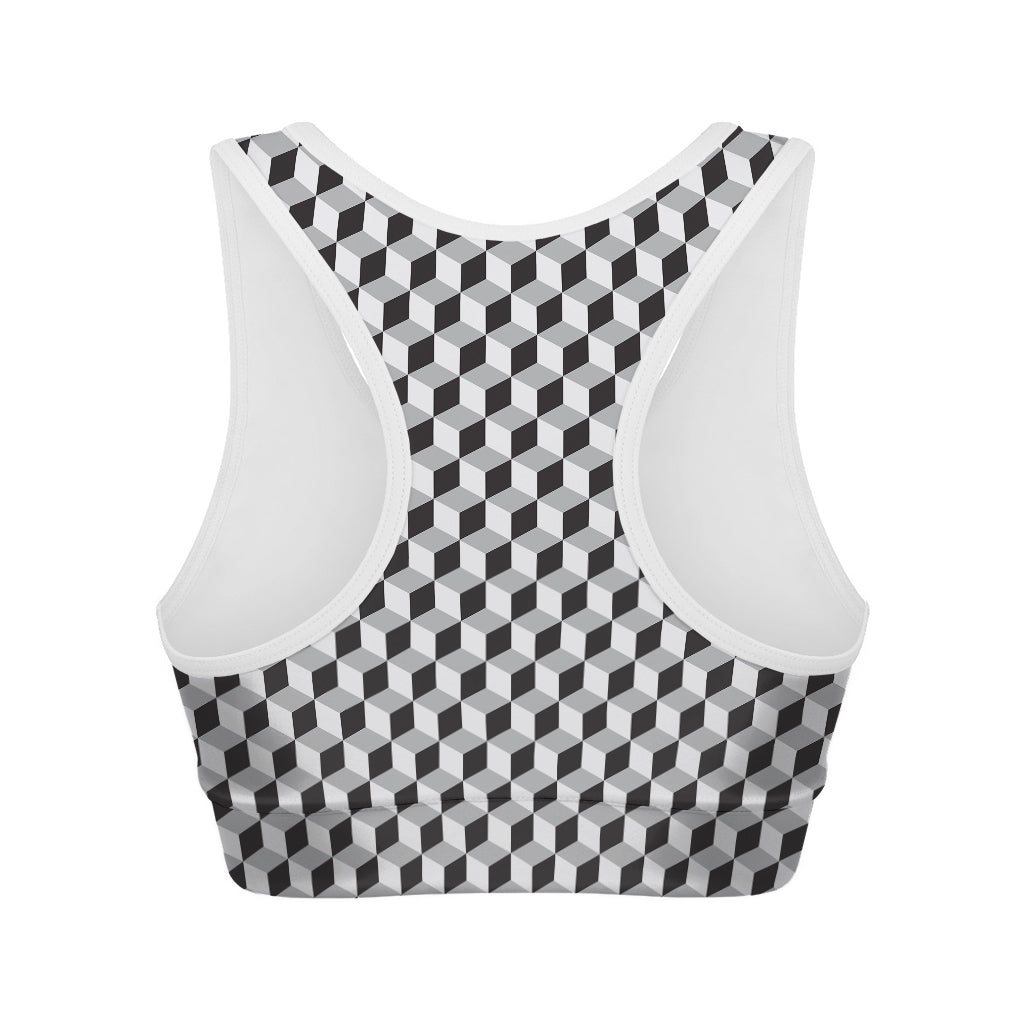 Grey Geometric Cube Shape Pattern Print Women's Sports Bra