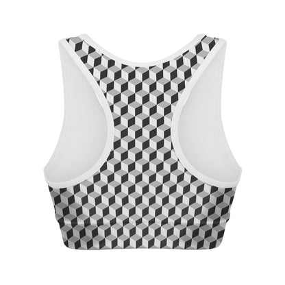 Grey Geometric Cube Shape Pattern Print Women's Sports Bra