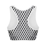 Grey Geometric Cube Shape Pattern Print Women's Sports Bra