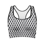 Grey Geometric Cube Shape Pattern Print Women's Sports Bra