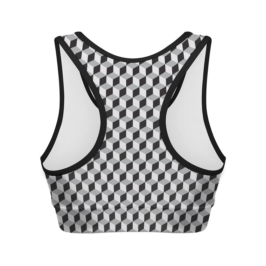 Grey Geometric Cube Shape Pattern Print Women's Sports Bra