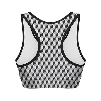 Grey Geometric Cube Shape Pattern Print Women's Sports Bra