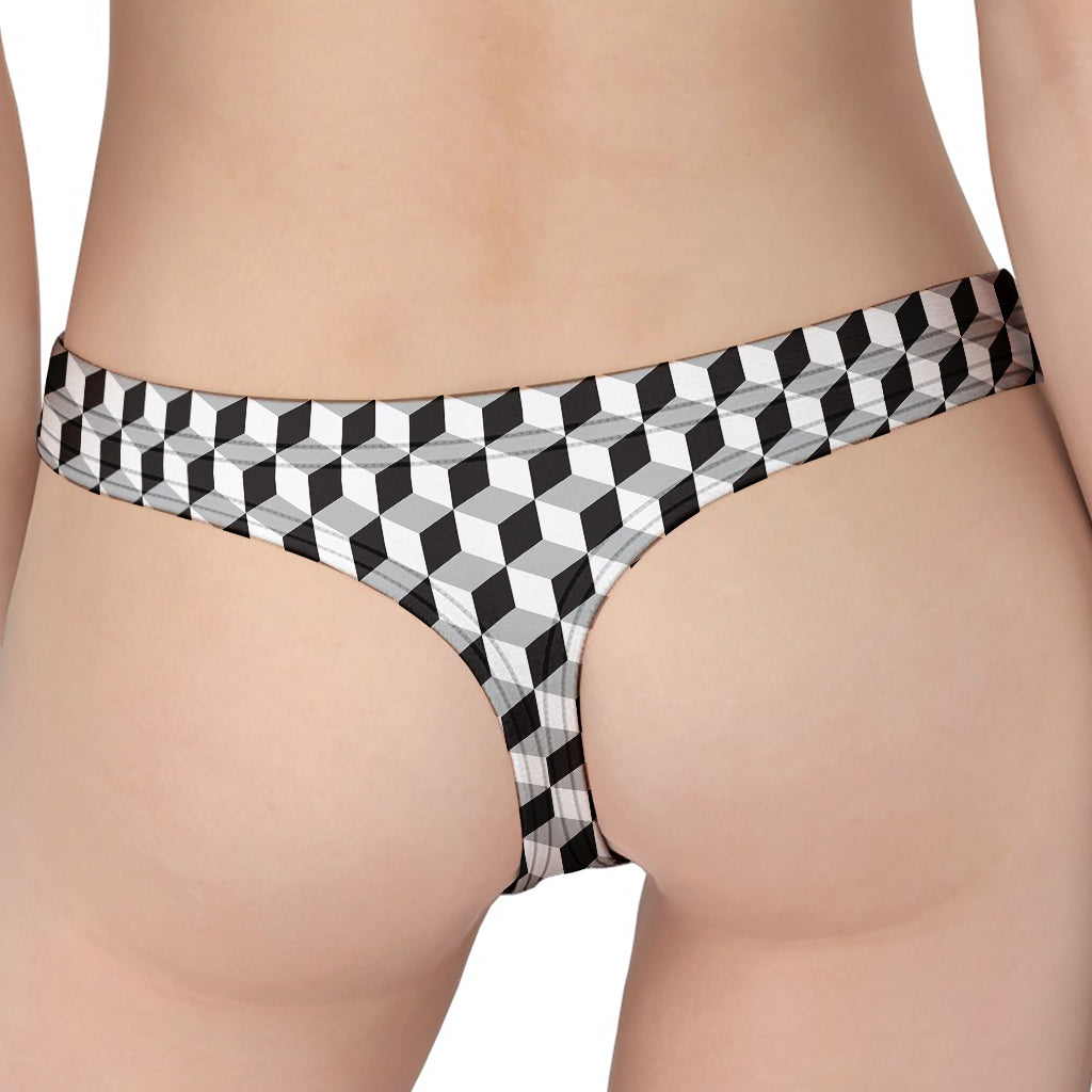 Grey Geometric Cube Shape Pattern Print Women's Thong