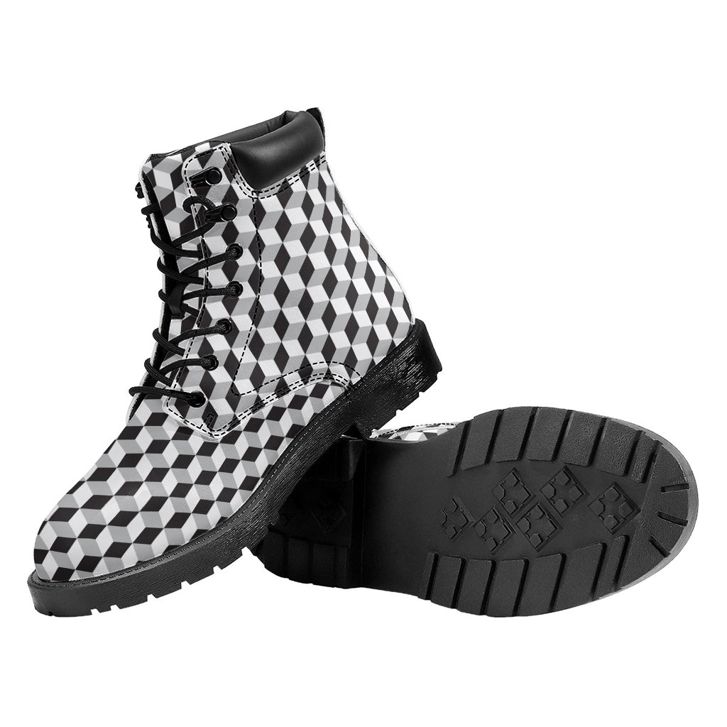 Grey Geometric Cube Shape Pattern Print Work Boots