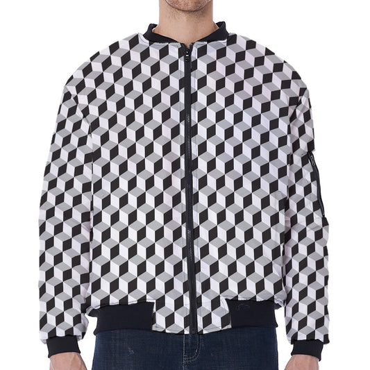 Grey Geometric Cube Shape Pattern Print Zip Sleeve Bomber Jacket