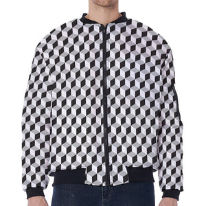 Grey Geometric Cube Shape Pattern Print Zip Sleeve Bomber Jacket