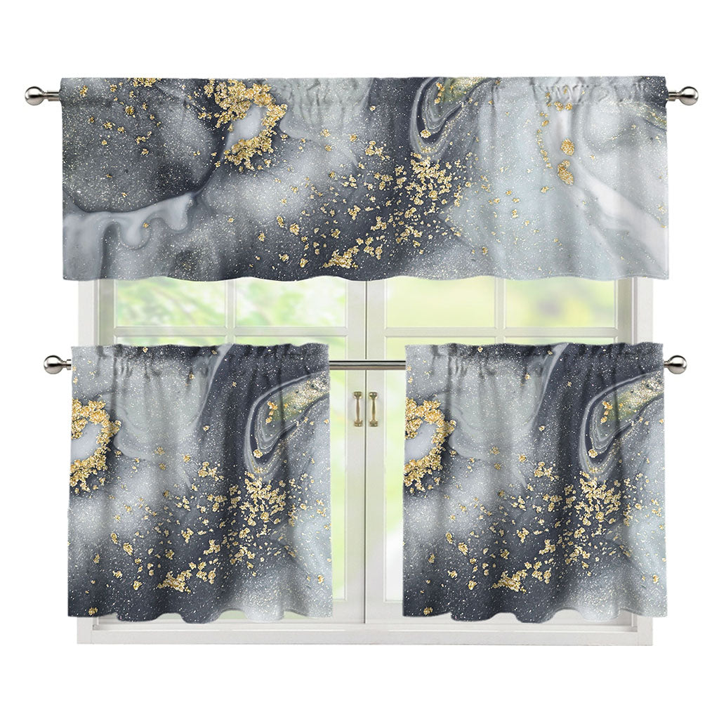Grey Gold Liquid Marble Print 3 Piece Kitchen Curtains