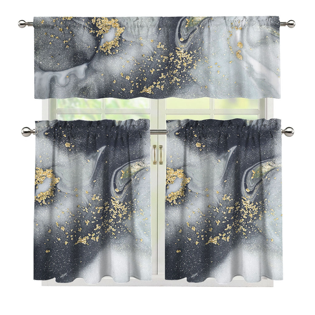 Grey Gold Liquid Marble Print 3 Piece Kitchen Curtains