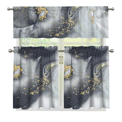 Grey Gold Liquid Marble Print 3 Piece Kitchen Curtains
