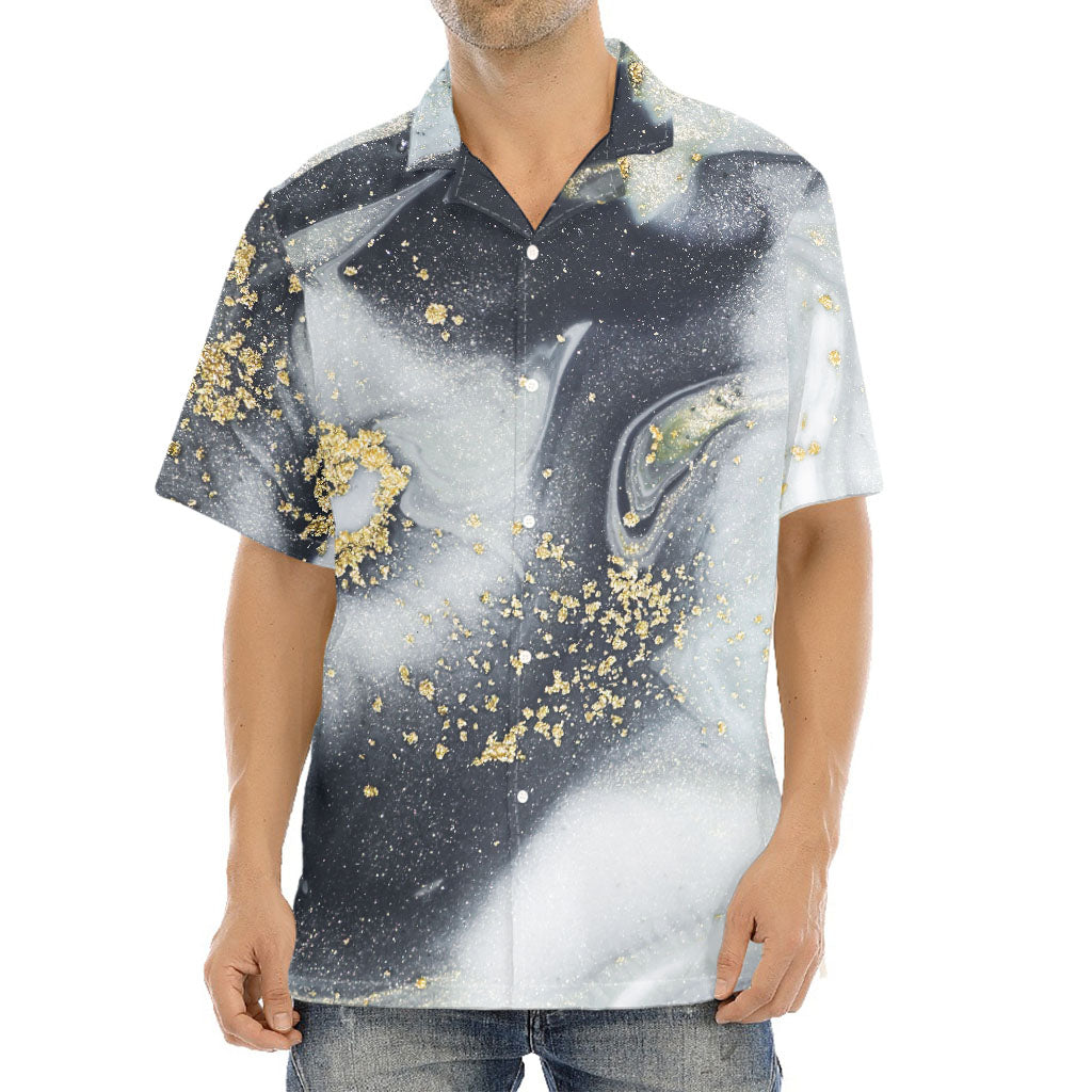 Grey Gold Liquid Marble Print Aloha Shirt