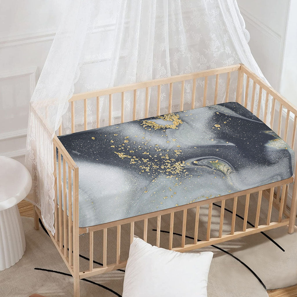 Grey Gold Liquid Marble Print Baby Crib Sheet