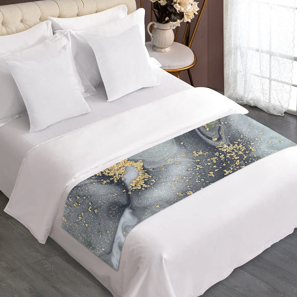 Grey Gold Liquid Marble Print Bed Runner