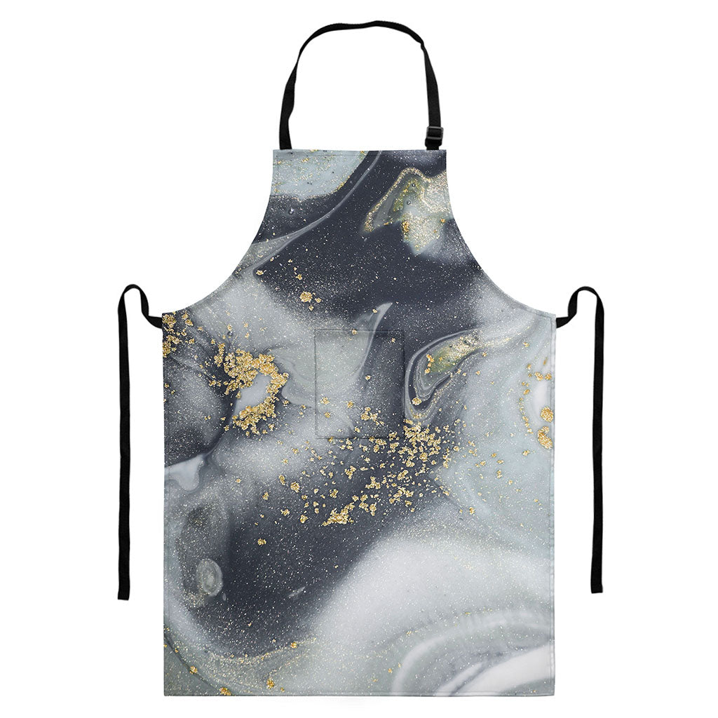 Grey Gold Liquid Marble Print Bib Apron With Pocket