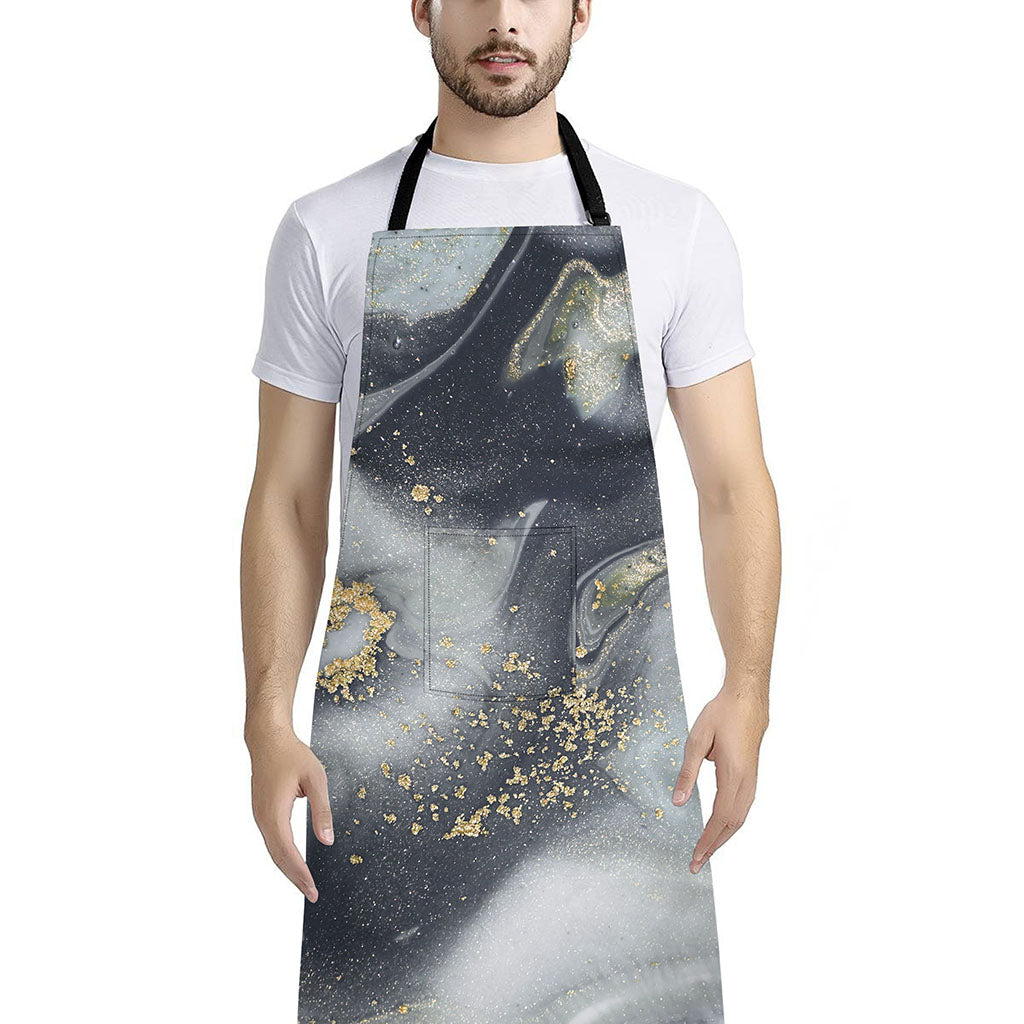Grey Gold Liquid Marble Print Bib Apron With Pocket