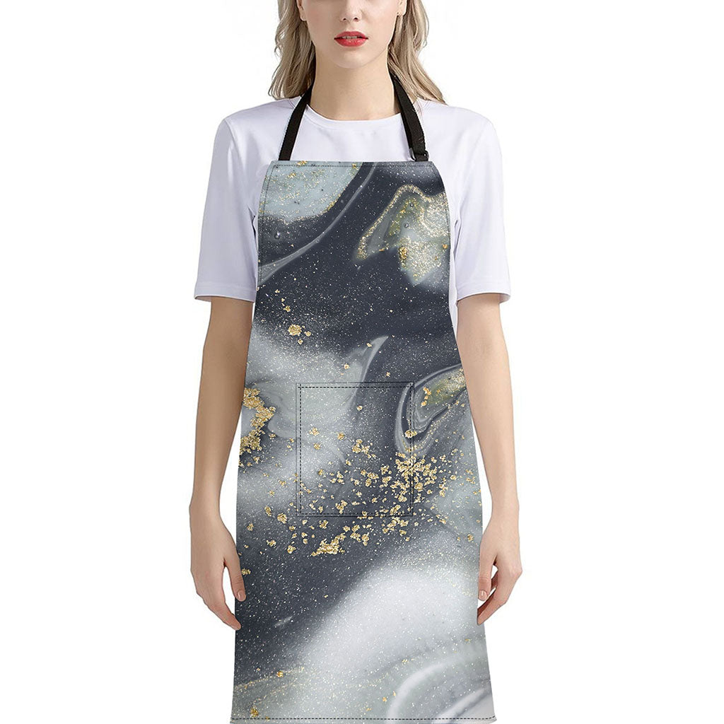 Grey Gold Liquid Marble Print Bib Apron With Pocket