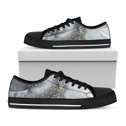 Grey Gold Liquid Marble Print Black Low Top Sneakers