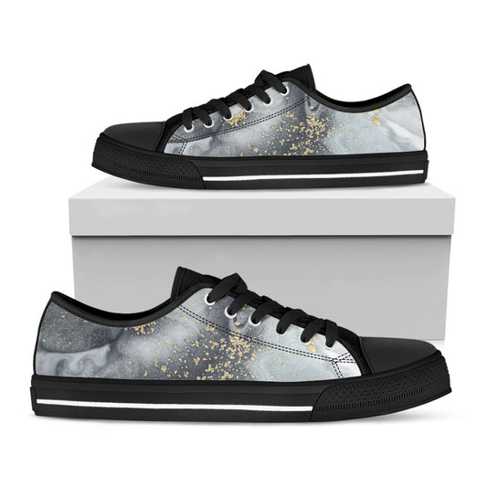 Grey Gold Liquid Marble Print Black Low Top Sneakers