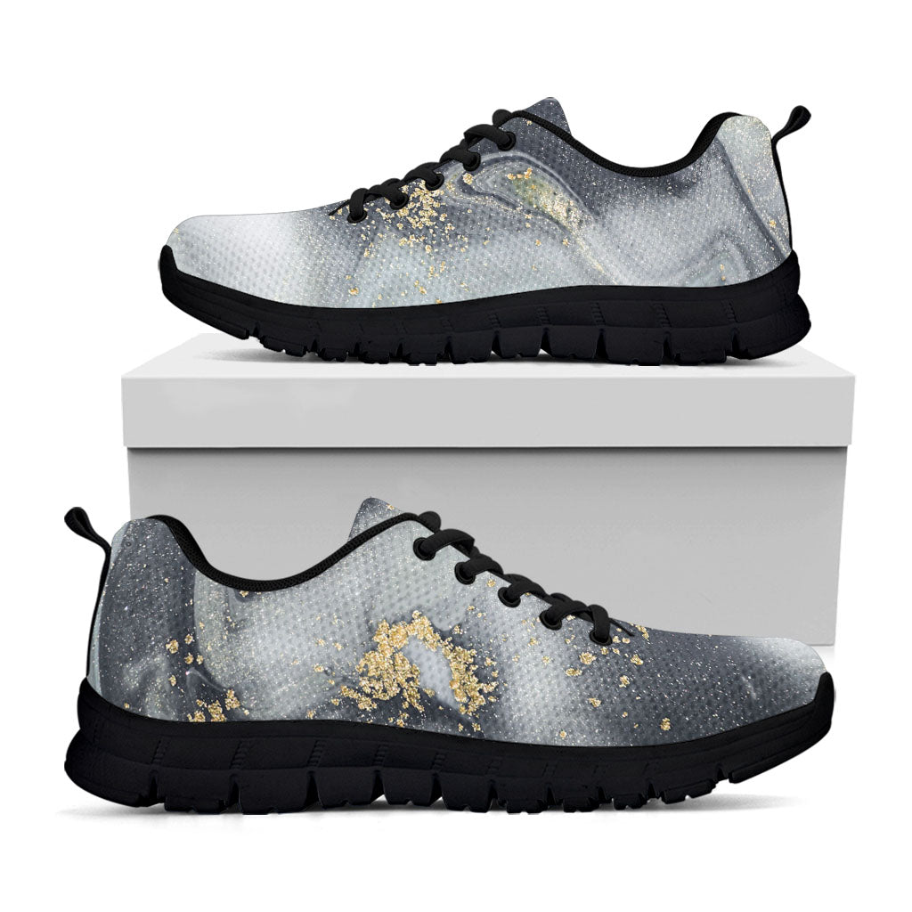 Grey Gold Liquid Marble Print Black Running Shoes