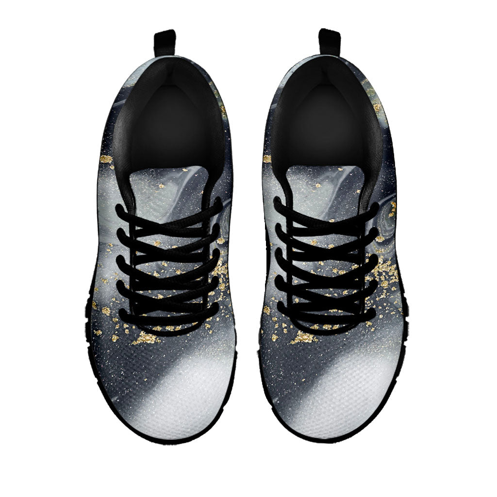 Grey Gold Liquid Marble Print Black Running Shoes