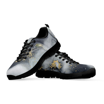 Grey Gold Liquid Marble Print Black Running Shoes