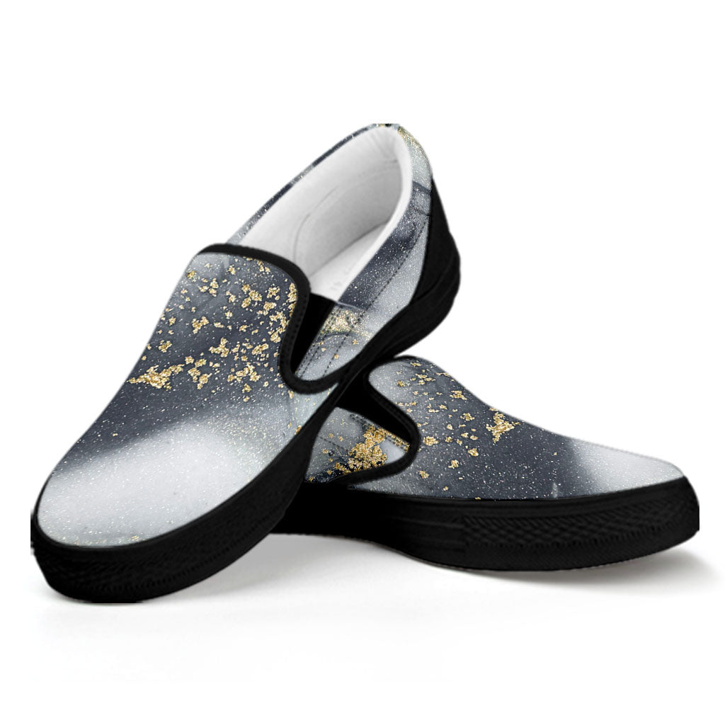 Grey Gold Liquid Marble Print Black Slip On Sneakers