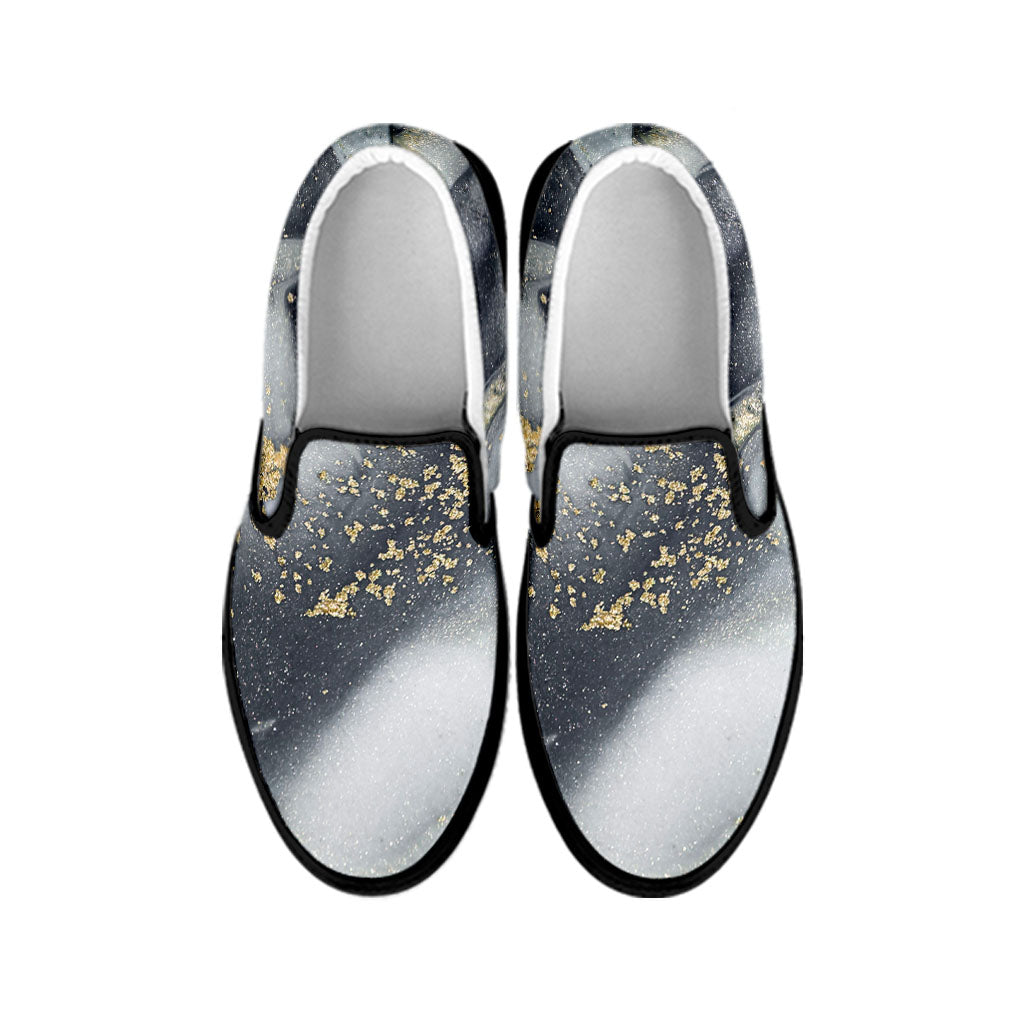 Grey Gold Liquid Marble Print Black Slip On Sneakers