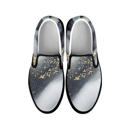 Grey Gold Liquid Marble Print Black Slip On Sneakers