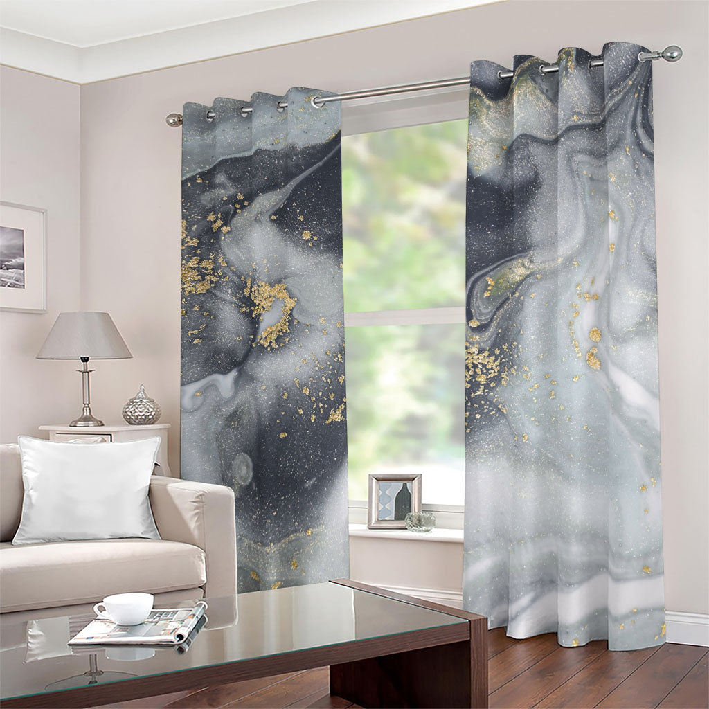 Grey Gold Liquid Marble Print Blackout Grommet Curtains