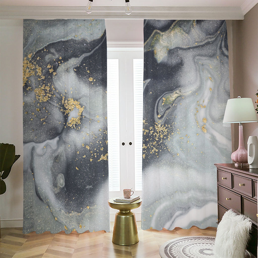 Grey Gold Liquid Marble Print Blackout Pencil Pleat Curtains