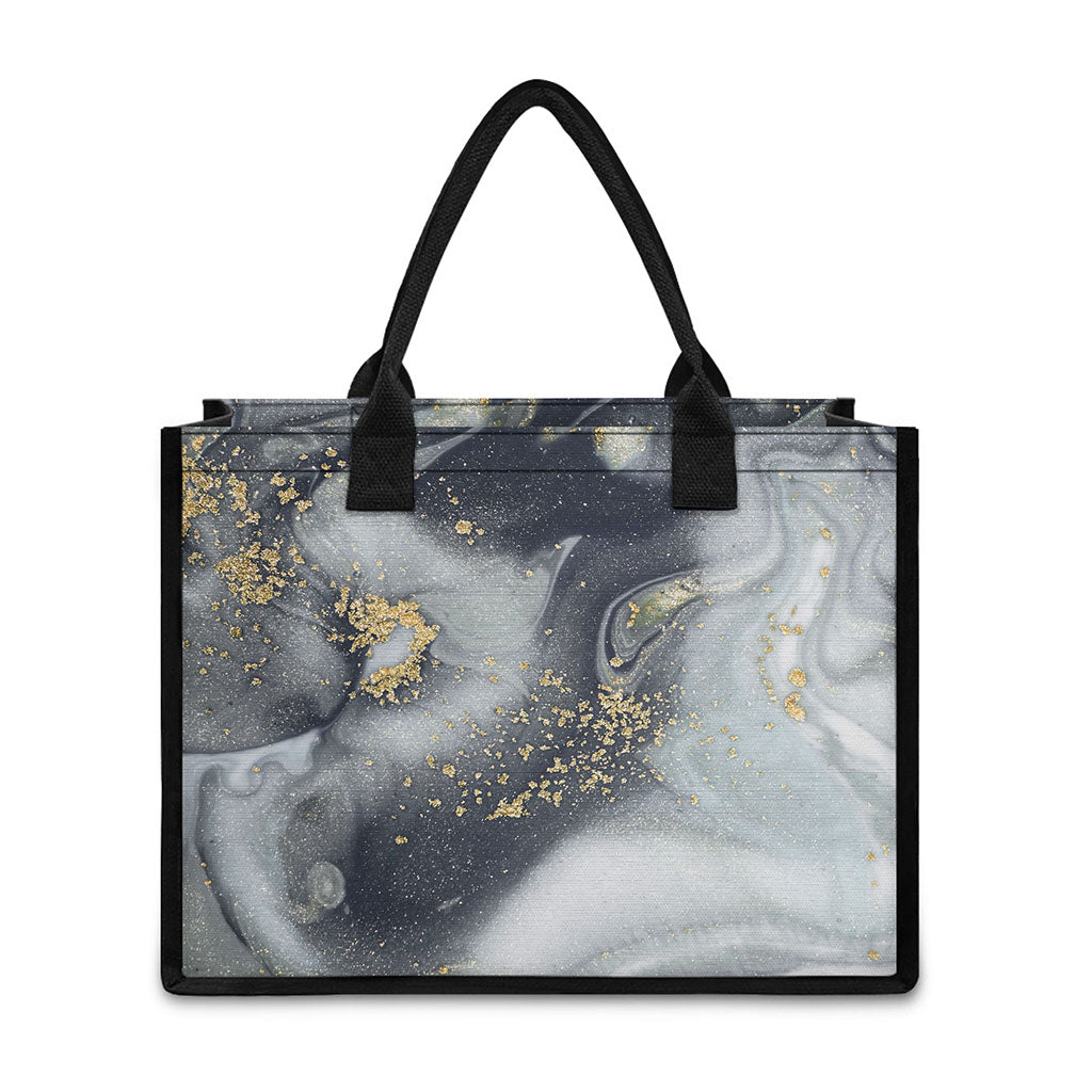 Grey Gold Liquid Marble Print Canvas Tote Bag