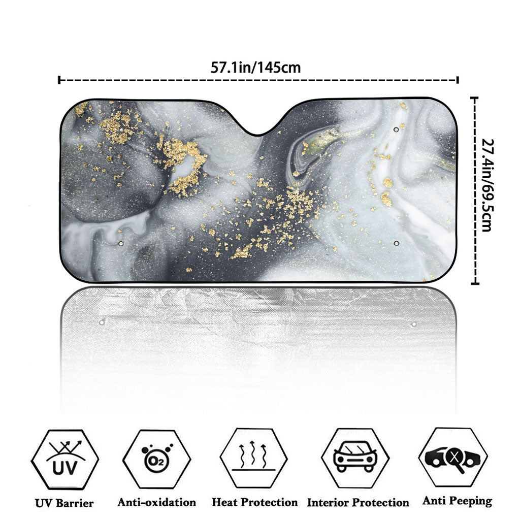 Grey Gold Liquid Marble Print Car Windshield Sun Shade