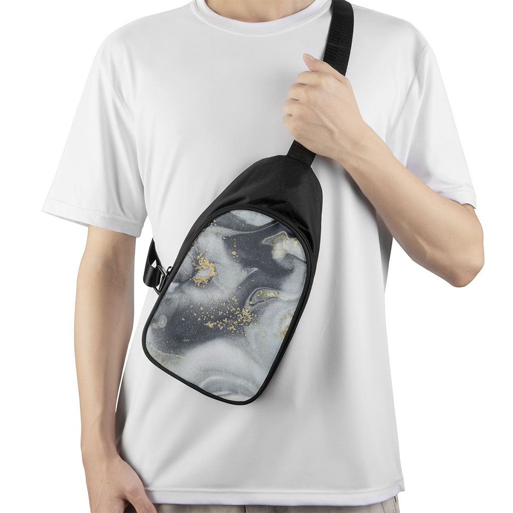 Grey Gold Liquid Marble Print Chest Bag