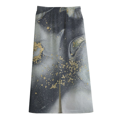 Grey Gold Liquid Marble Print Cotton Front Slit Maxi Skirt