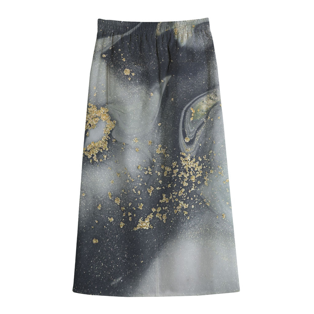 Grey Gold Liquid Marble Print Cotton Front Slit Maxi Skirt
