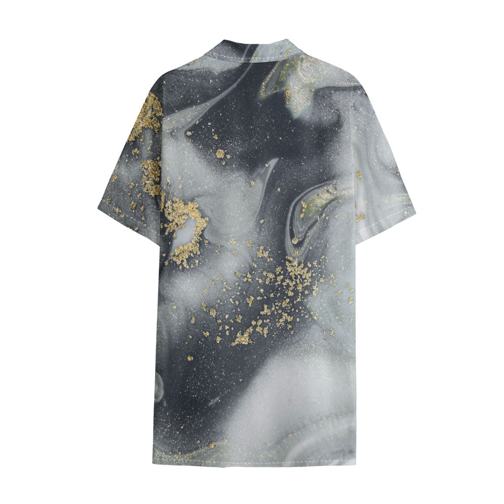 Grey Gold Liquid Marble Print Cotton Hawaiian Shirt