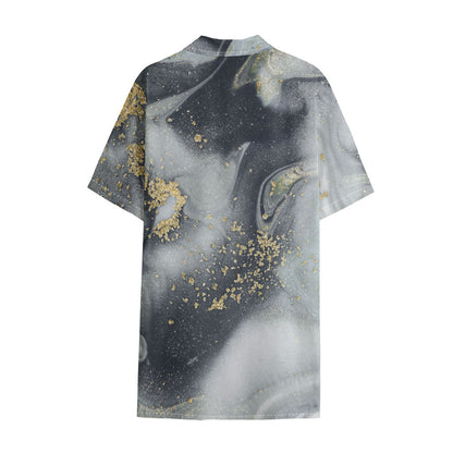 Grey Gold Liquid Marble Print Cotton Hawaiian Shirt