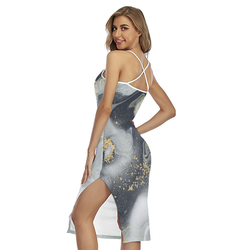 Grey Gold Liquid Marble Print Cross Back Cami Dress