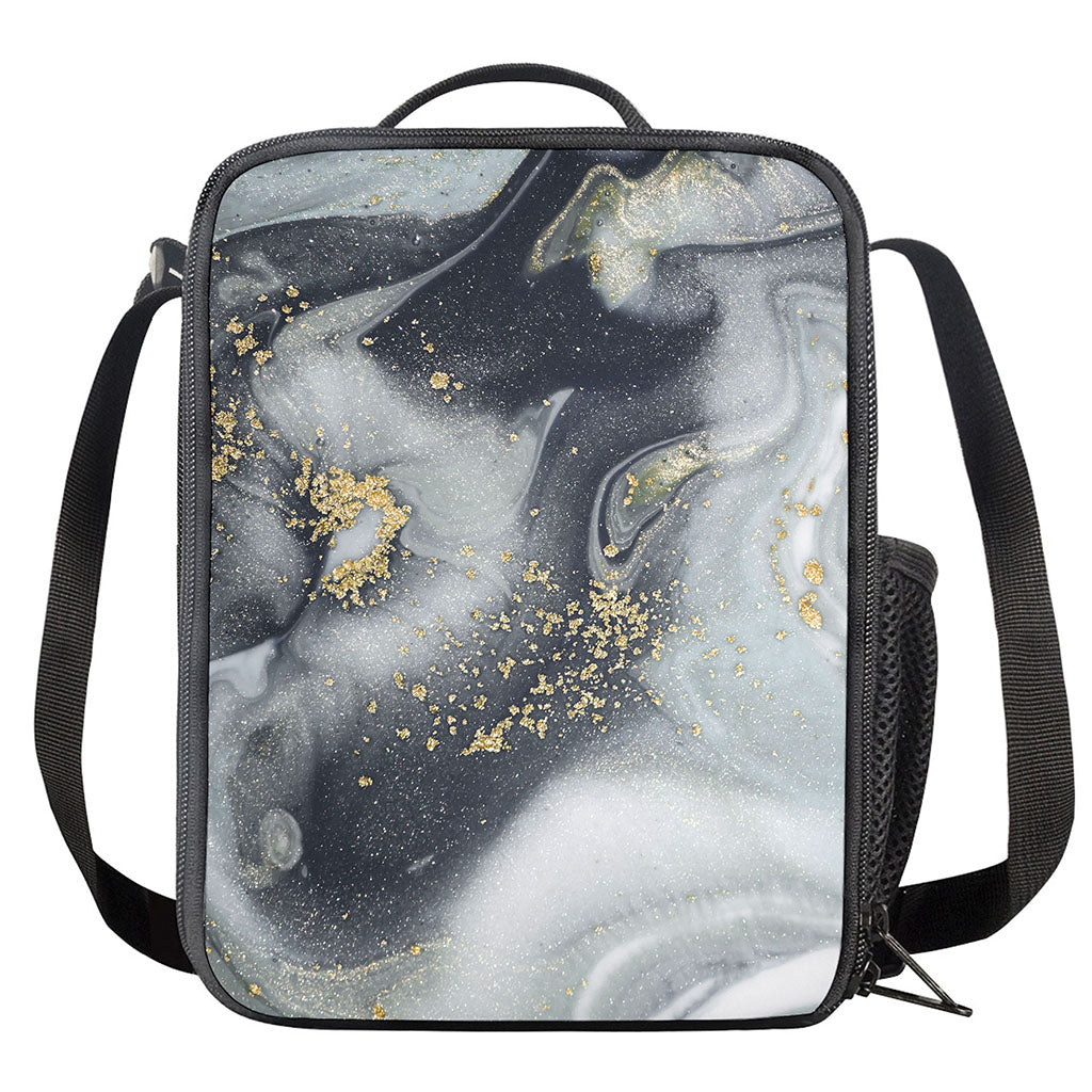 Grey Gold Liquid Marble Print Crossbody Lunch Bag