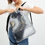 Grey Gold Liquid Marble Print Drawstring Backpack