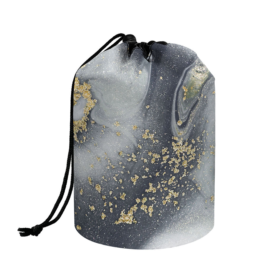 Grey Gold Liquid Marble Print Drawstring Makeup Bag