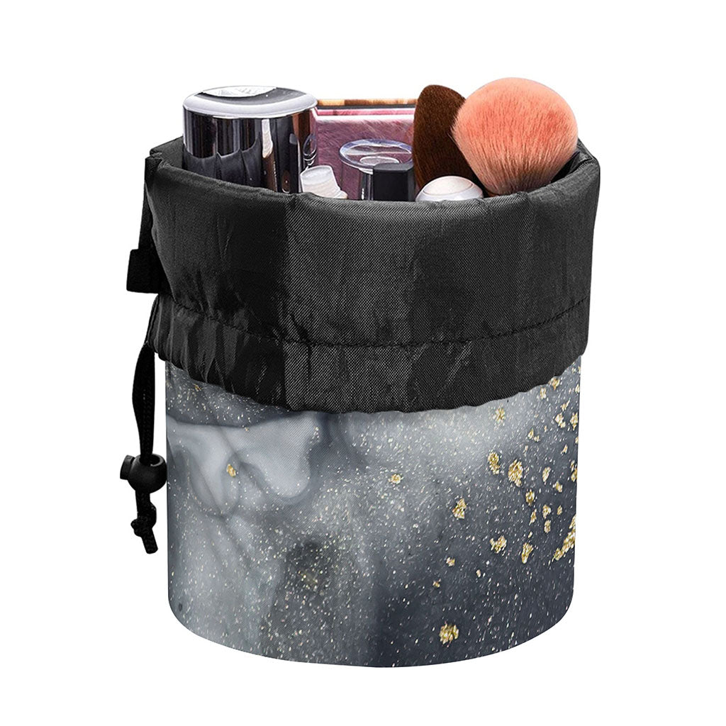 Grey Gold Liquid Marble Print Drawstring Makeup Bag