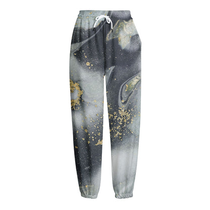 Grey Gold Liquid Marble Print Fleece Lined Knit Pants