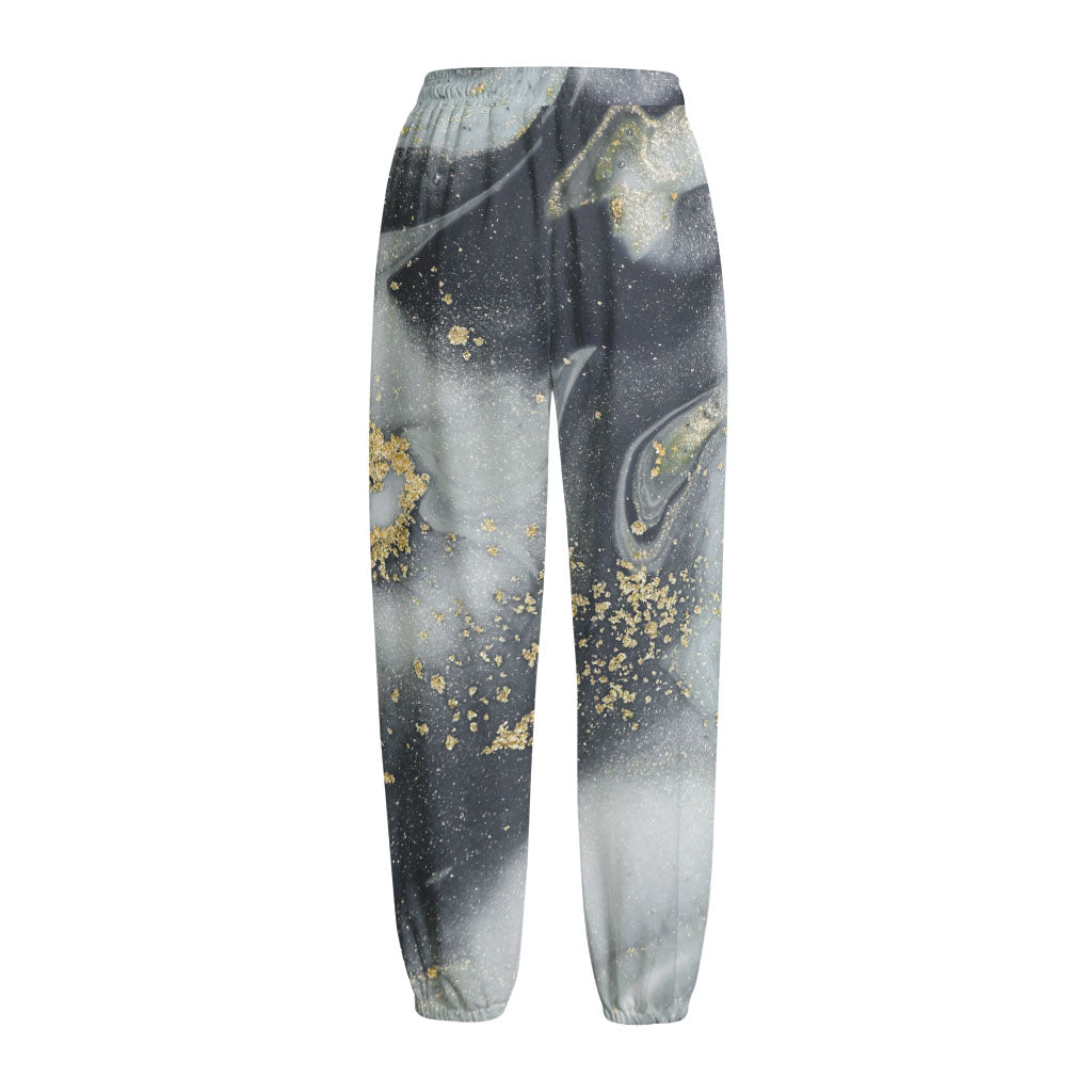 Grey Gold Liquid Marble Print Fleece Lined Knit Pants