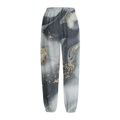 Grey Gold Liquid Marble Print Fleece Lined Knit Pants